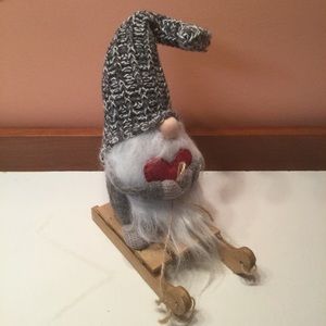 Valentine Gnome Hugging Heart On Sled Decor Plush Beard Knit Red Gray Christmas